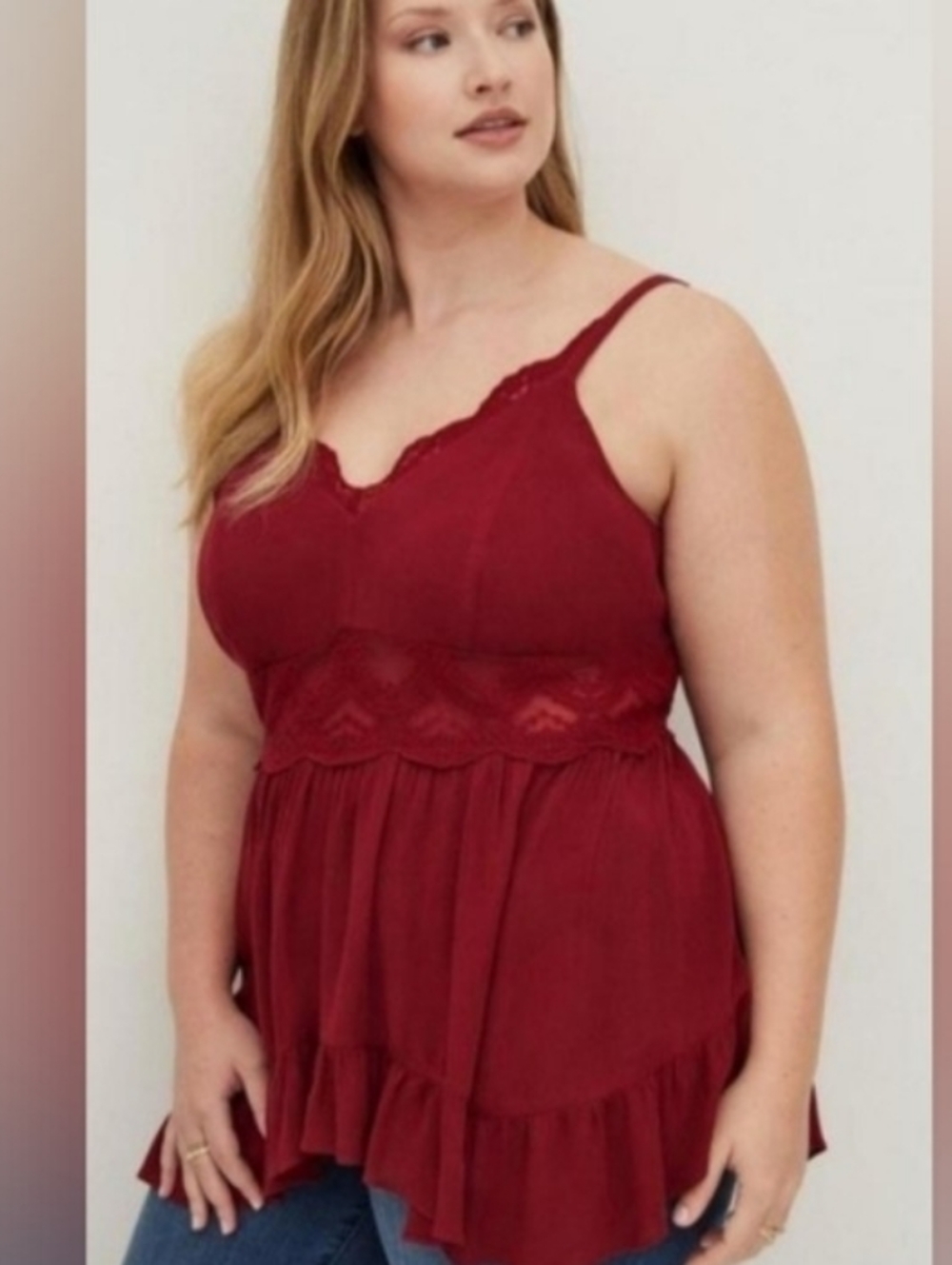 Boho Plus-Size Lace-Trim Cami Top in Burgundy Red